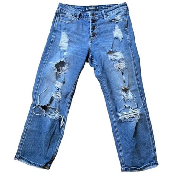 Hollister Mid-Rise Crop Boyfriend Distressed jeans Size 3R Medium Wash - Picture 12 of 13